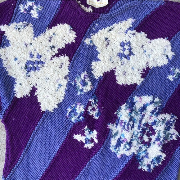 Vintage Hand-Knit Floral Sweater | Purple & Blue | Size Small - Picture 3 of 4